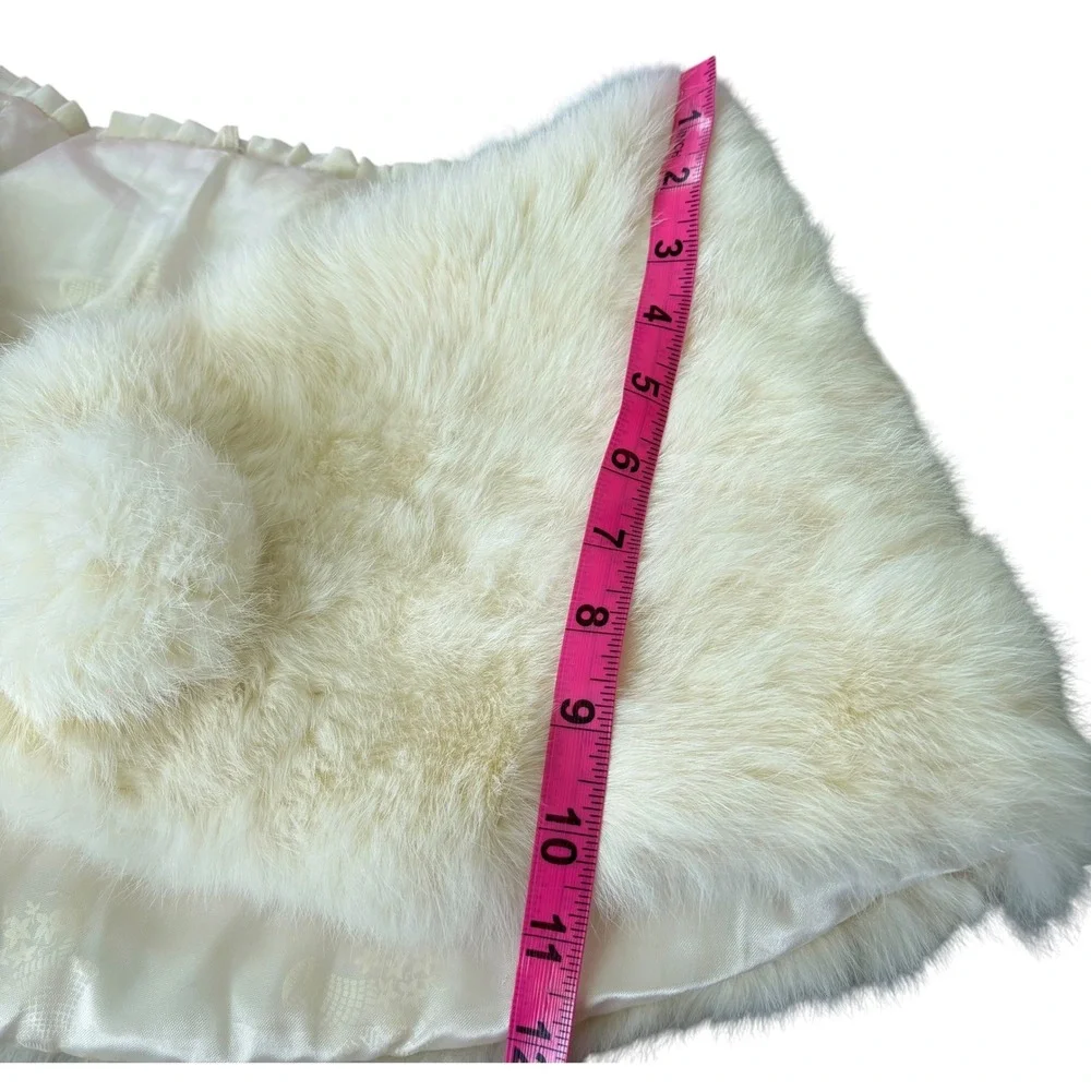 Vintage Cream Rabbit Fur Stole Wrap Bridal Wedding Shrug Pom Pom Detail Lined